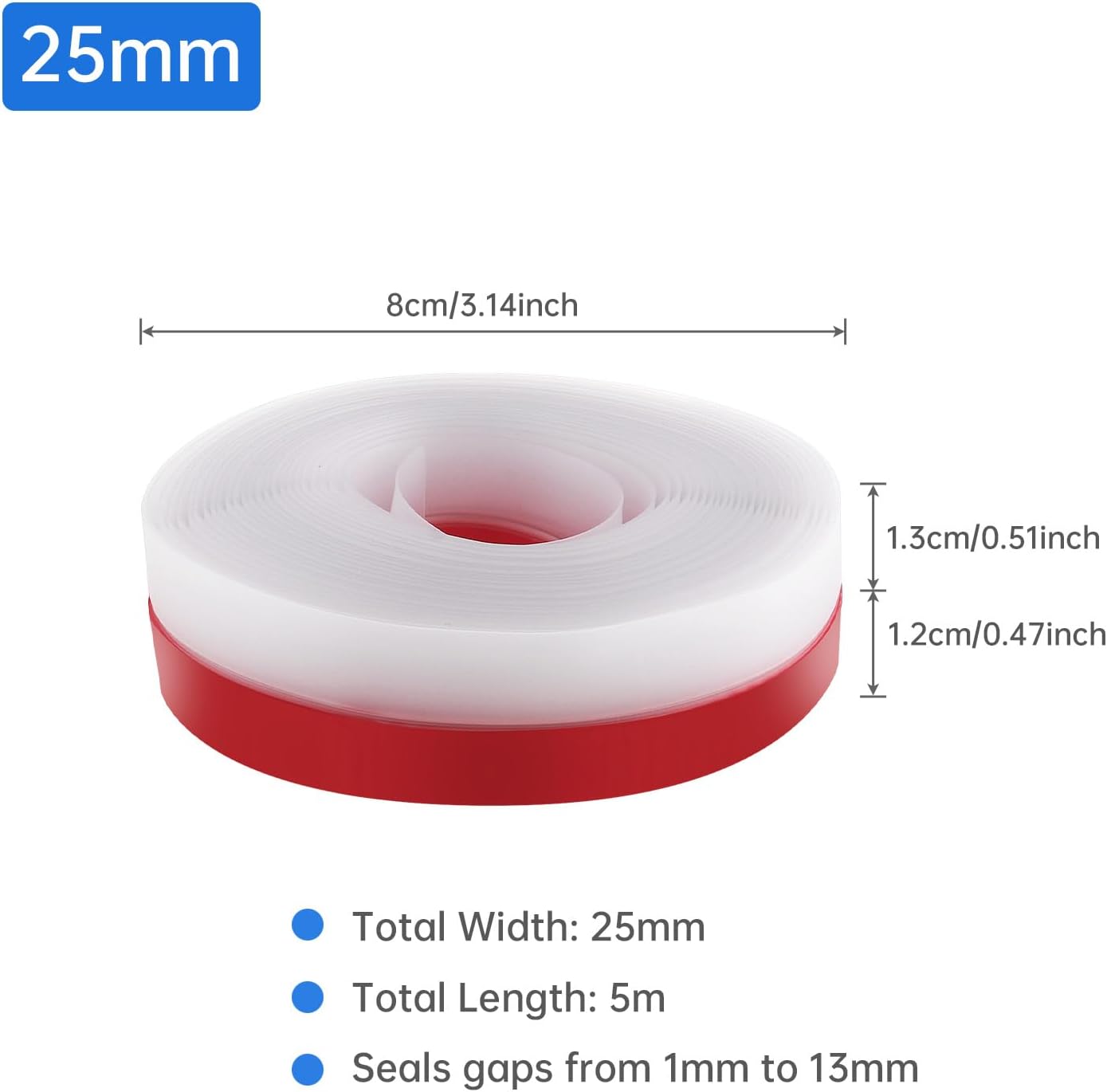 25mm Transparent Silicone Weather Stripping, 5M/16.4FT Upgraded Strong Adhesive Door Seal Strip for Doors, Windows & Shower Glass Gaps, Waterproof & Soundproof Red Backing Tape (Red, 25MM)