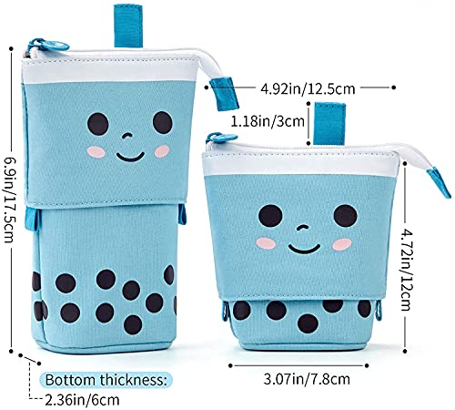 Image of Polyester Standing Case Cute Pencil Pouch For Girls - Korean Boba Pop Up Stationery Makeup Cosmetic Organizer Box | Pen Pencil Pouches | Stationary for Boys Kids Women School Students(Blue)