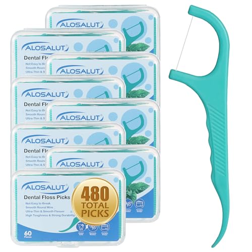 Alosalut 480 Count Dental Floss Picks Mint Flavored Flossers with Built-in Toothpick for Deep Cleaning 8 Portable Boxes of 60 Strong & Smooth Floss Sticks for Family Home Travel - Adults & Kids