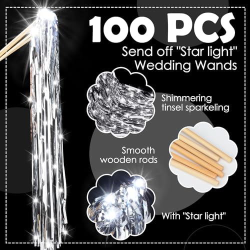 Image of Simgoing 100 Pcs Lighted Wands LED Tinsel Wands Light up Wedding Streamers for Send off and Exits Baby Shower Birthday Party Favors (Silver)