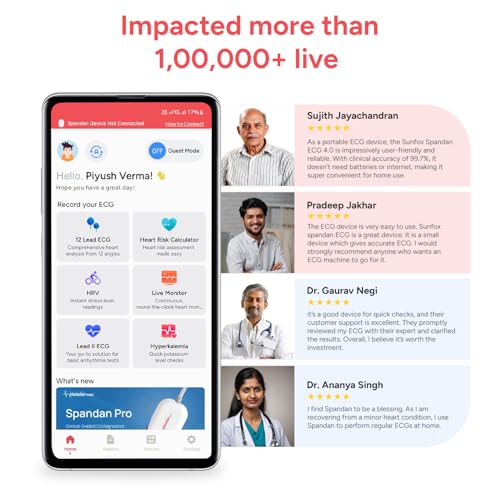 Image of Sunfox Spandan ECG 4.0 with 2 Packet of Electrodes | Portable ECG Machine for Home | Heart Rate Monitor | Medical Grade ECG on Fingertips | Trusted by Doctors | 12 Lead ECG Device | 99.7% Accurate