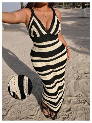 WDIRARA Women's Plus Size Striped Crochet Bodycon Dress V Neck Sleeveless Knit Maxi Dresses3