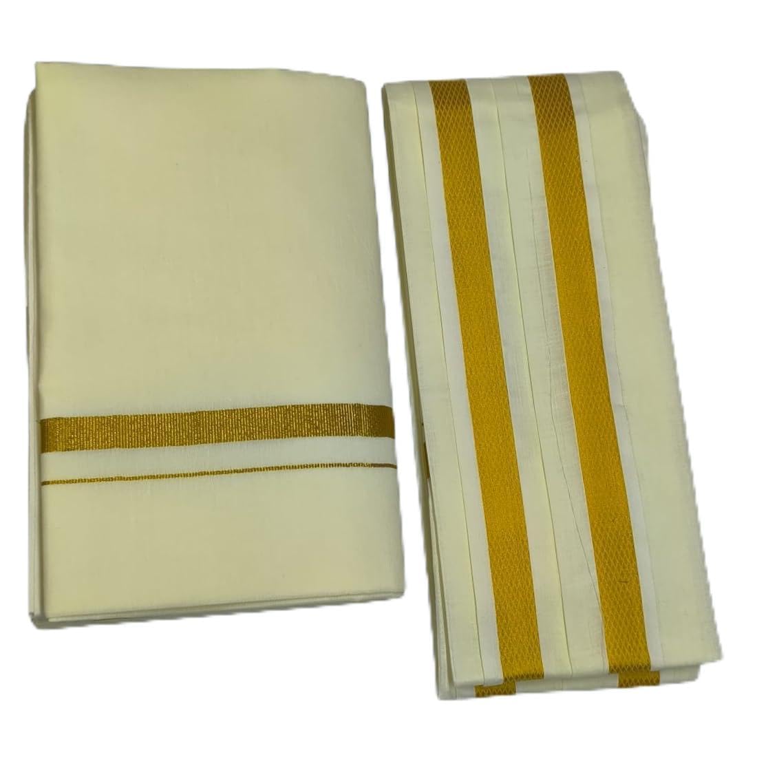 Shri Bhargavas Men's Traditional Cotton Dhoti (2.0 Mtrs) + Angavastram (1.75 mtrs) - Cream Color-image-49