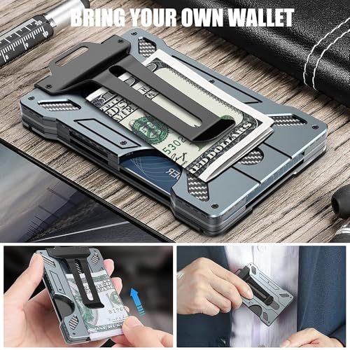 Wallet for Men - Slim Aluminum Metal Money Clip with 1 Clear Window ID Badge Holder, RFID Blocking, Holds up 15 Cards with Cash Clip.Ultra-Thin Minimalist Wallet, dark grey3