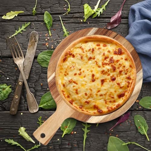 Tabla de cortar grande redonda de madera de acacia de 16 pulgadas con mango reversible para pizza, quesos, charcutería y pan miniatura 3