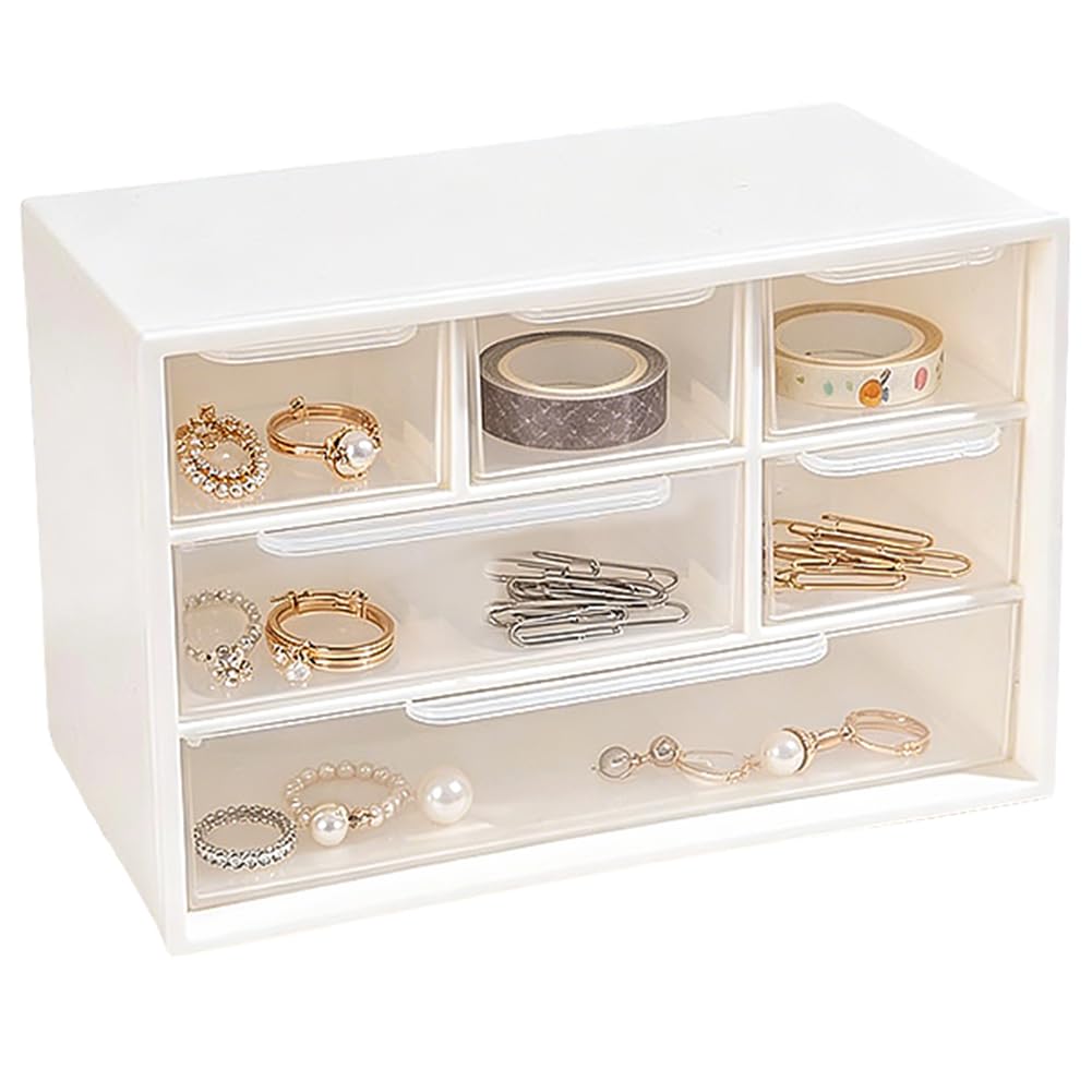 CREATCABIN Plastic Drawer Storage Box with 6 Clear Drawers Small Drawer Organizer for Desk Stackable Mini Jewelry Organizer Craft Containers for Desktop Office Home Sewing Supplies White 7x3.8x4.5in