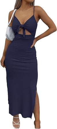 LYANER Womens Summer Tie Knot Cut Out Side Split Sleeveless Knit Bodycon Maxi Dress Sexy Vacation Long Sundress