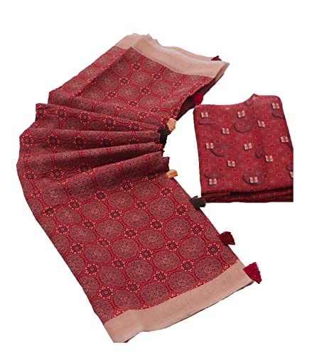 Image of NK Textiles Women's Ajrakh Block Print Chanderi Cotton Saree with Pompoms (15 DESIGNS)