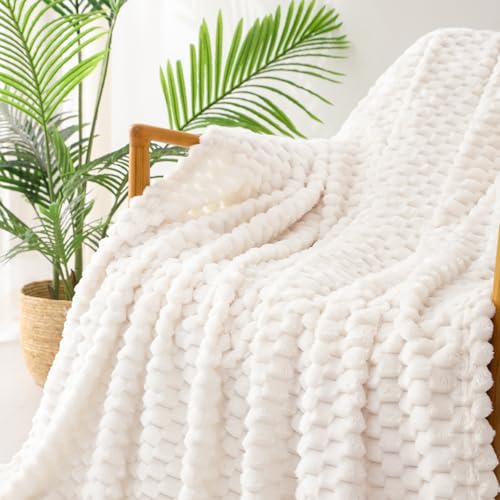Exclusivo Mezcla Extra Large Fleece Throw Blanket for Couch, 50x70 Inches Stylish Jacquard Soft Throw Blanket, Fuzzy Cozy Lightweight for All Season, Ivory - Image 6
