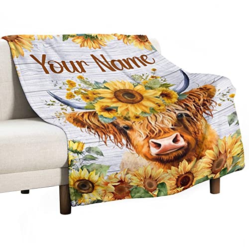 CUSPCOD Personalized Highland Cow Gifts - Custom Name Blanket for Kids Adults - Highland Cow Blanket for Women Girls - 60