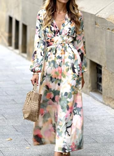 LOZ Women's Summer Dress Puff Sleeve V-Neck Multicolor Floral Maxi Dresses 2025 Long Sleeves Elegant Wedding Guest Dress2