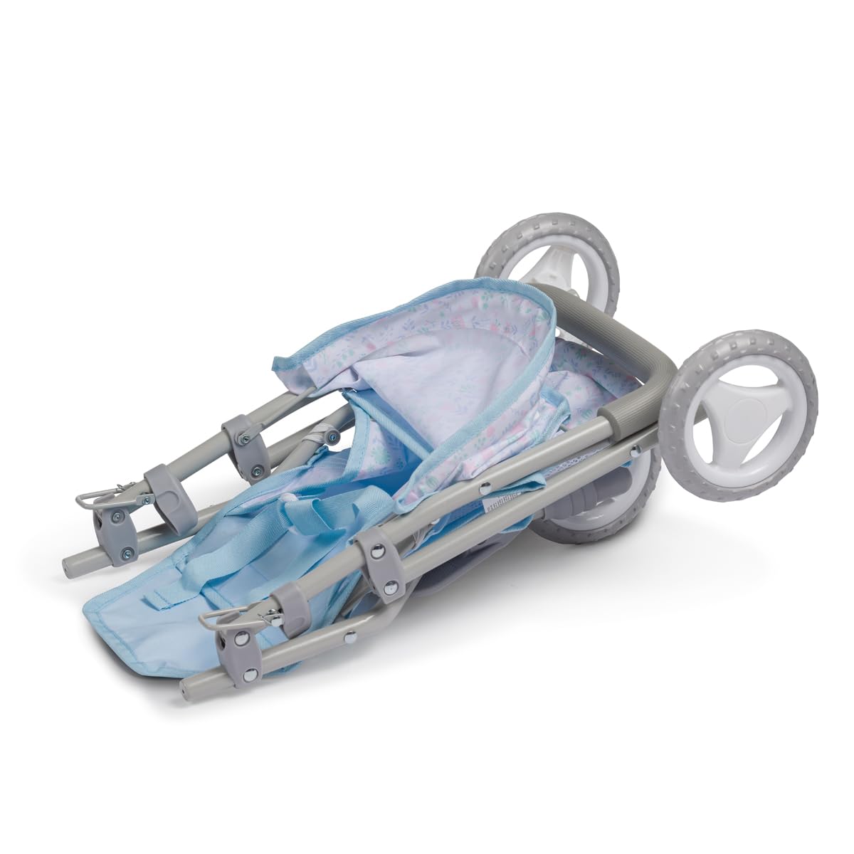 JC Toys Poussette Pliable à 3 Roues, pour poupées jusqu'à 45 cm, avec Panier et Capote, idéale pour Jouer et se Promener, Bleu avec décoration Florale, conçue par Berenguer, +3 Ans