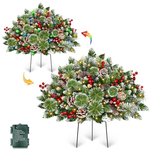 Timer - 2 Pack 24' Lighted Outdoor Christmas Tree Urn Fillers,Warm White&Colorful Lights 8 Mode Snowy Pinecone Red Berry Battery Operated Tripod Stake Holiday Planters Outdoor Christmas Decorations
