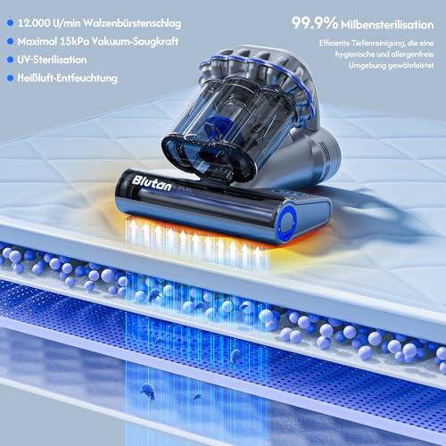 Blutan B Mitefree X3 Milbensauger mit 3-Becher-6-Stufen Zyklon Filtration, UV-Sterilisation, Heißluft, LED-Anzeige,>10 kPa für Matratzen, Sofas,Chemiefreier Polsterreiniger,Entfernt 99,9% Allergene