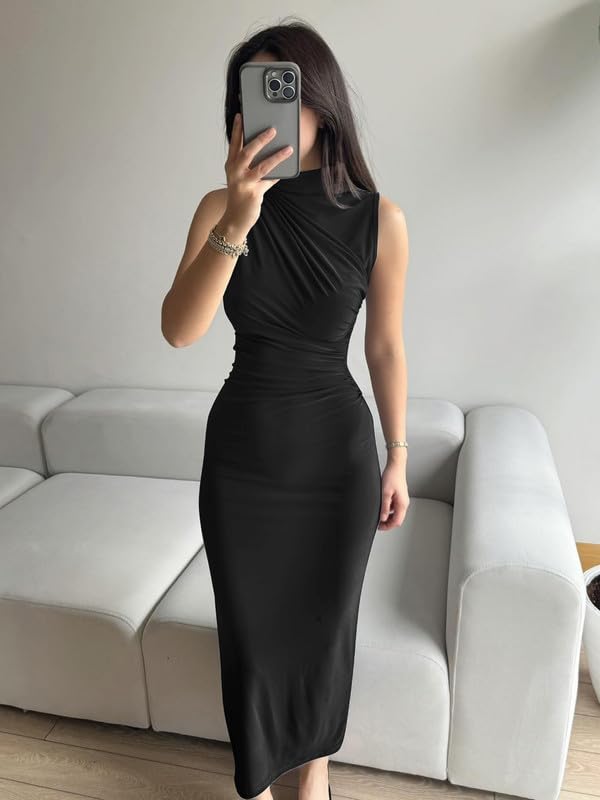 Robe Femme Sexy sans Manches Col Haut Robes Longue Moulante Elégant Bodycon Maxi Robe de Soirée D'éte Décontracté Wrap Robes Plissée avec Fendue pour Cocktail Prom Fête Clubwear