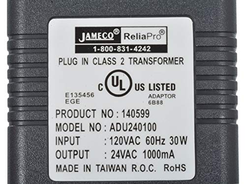 jameco reliapro - 140599 jameco reliapro adu240100 ac to ac wall adapter transformer 24vac  1000 ma straight 21 mm female plug black