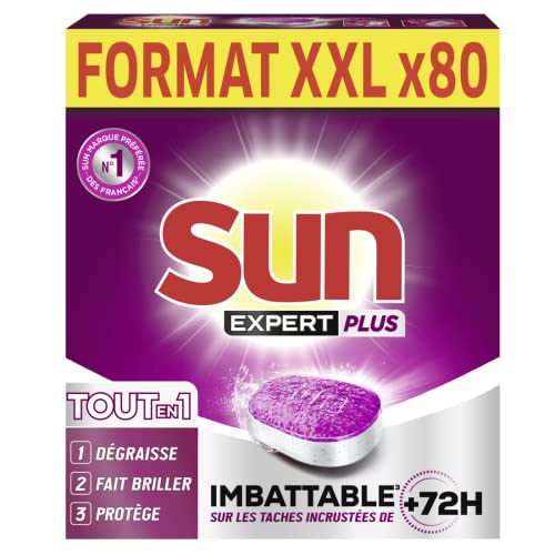 SUN - Pastilles Lave-Vaisselle Tout-en-1 - 80 Capsules - Expert Plus - imbattable sur les taches incrustées de + de 72h - dégraisse et fait briller