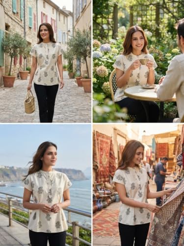 Image of Leriya Fashion Cotton Tops for Woman Khadi Cotton Casual Top for Women | Minimal Ethnic Printed Women Tops Cotton | Breathable Summer Wear | Office Casual Western Shirt| Shirt for Woman Western