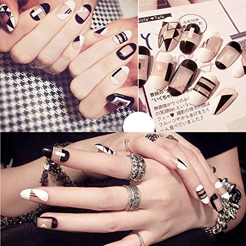 MISDU Oval False Nails Chic French Natural Simple Black White Geometry Lattice Design Fake Nails Press-on Full Cover Acrylic Nail for Daily Used