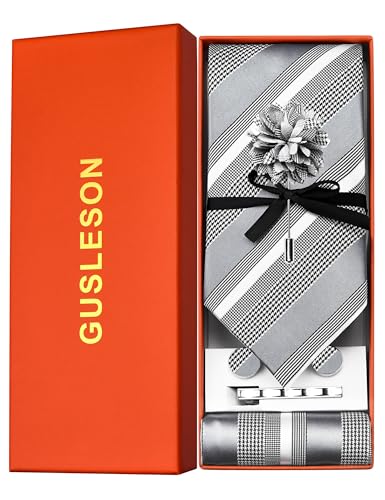 Image of GUSLESON Men's 5-pc Striped Tie Gift Set - Jacquard Necktie, Pocket Square, Cufflinks, Lapel Pin, Tie Clip - Wedding Formal Gifts