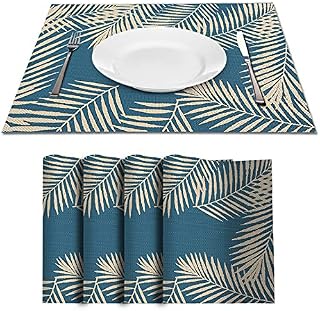 VIVILINEN PVC Woven Placemat Sets of 4, Washable Heat Resistant Non-Slip Table Placemats for Kitchen Restaurant Dinner Home Decor, Gift Package, Leaf Printing Bronzing, 45 x 30cm, Blue