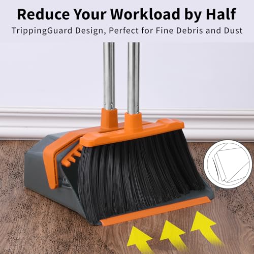Image of Tiumso Broom and Dustpan Set with 51'' Long Handle, Upright Broom and Dustpan Combo for Home Kitchen Office Restaurant Garage Lobby Dog Cat Pets Hair - Grey and Orange