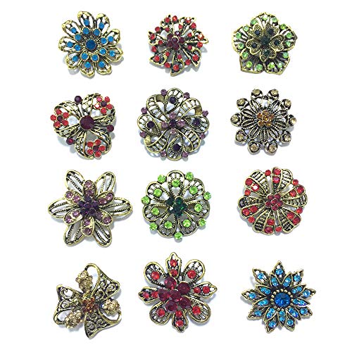 Ezing 12pcs Lot Antique Vintage Gold Plated Crystal Brooch for Wedding Bouquet (I)