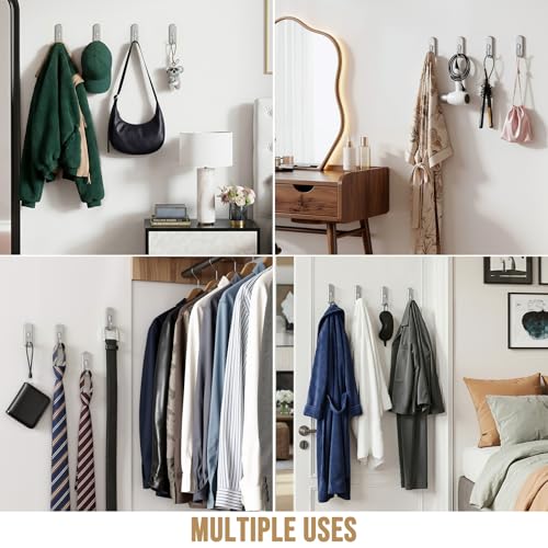 Image of TAILI Adhesive Large Hooks for Hanging, 4 Coat Hooks & 6 Strips, Silver