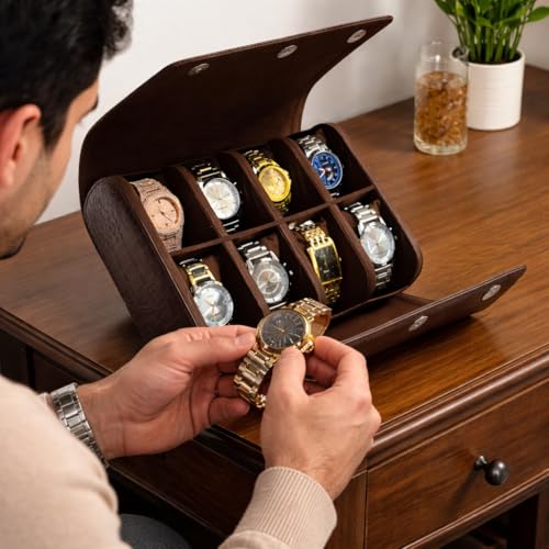 Image of essart 8-Slot Travel Watch Roll - Premium PU Leather Organizer for Men & Women - Portable Scratch-Resistant Watch Storage Case for Travel & Collectors