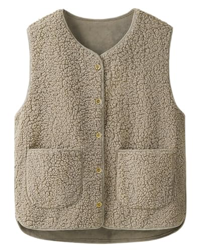 HUVZOR 1 gilet en polaire pour femme, gilet sans manches chaud pour l'automne/hiver, gilet en polaire à col en V et boutons pour femme, kaki, taille L