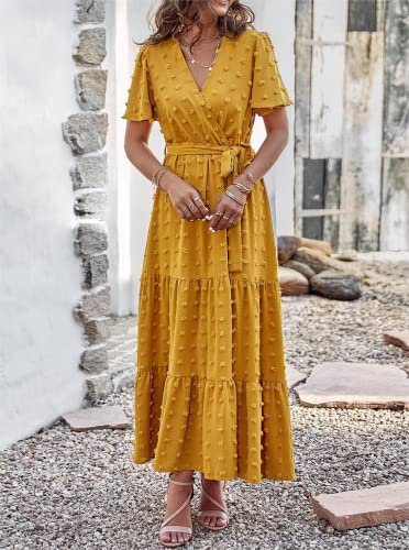 Image of MASCOMODA Women Boho Swiss Dot Maxi Dresses Wrap V Neck Flutter Short Sleeve Solid Tie Waist A Line Tiered Flowy Long Dresses