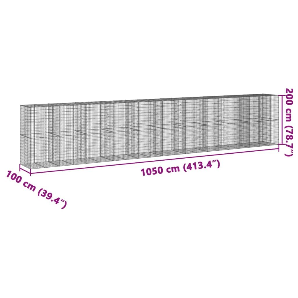 Gavión con tapa, 1050 x 100 x 200 cm, cesta de piedra galvanizada | Cesta de alambre de metal resistente para jardín para colgar en la pared o para exteriores