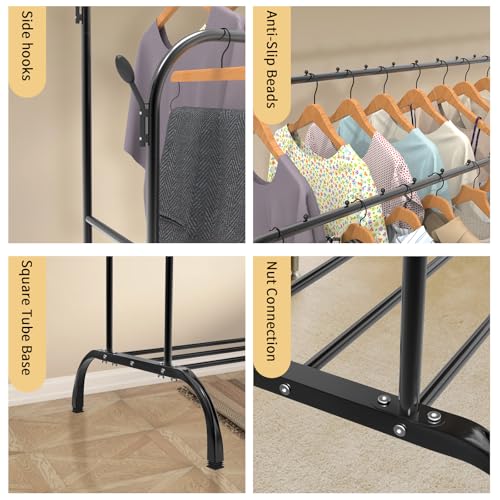 Heavy Duty Clothes Rail, Sturdy 80KG Black Metal Rack With Double Hanging Clothing Shoe Rack, Metal Clothes Rack with Storage Shelves & 4 Coat Hooks, Freestanding Rails For Bedroom, Office, Shop - Image 3