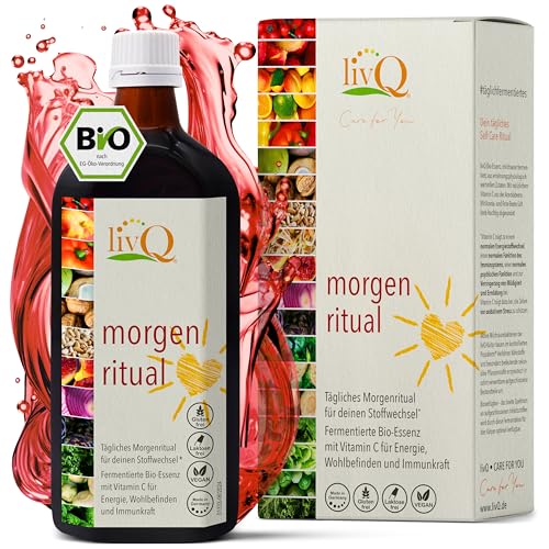 livQ Morgenritual - Fermentierte Bio Essenz Kur + Vitamin C + Milchsäurebakterien - 1 Flasche reicht für 1 Monat - Wohlbefinden & Immunsystem stärken - Gluten-, Laktosefrei Vegan - Immun Booster