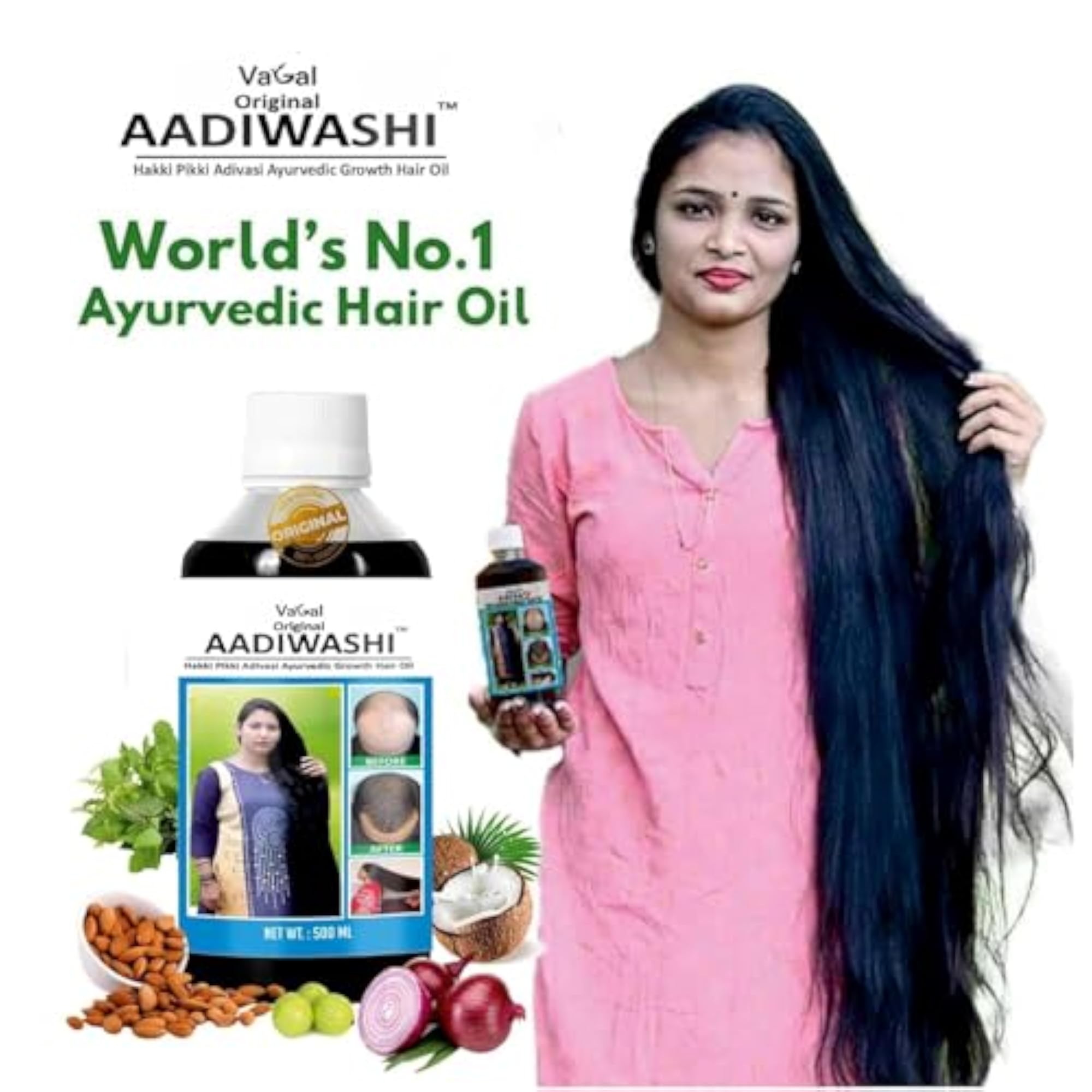 Original AADIWASHI Herbal Hair Oil, 500ml, Pack of 3