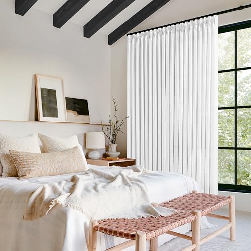Image of White Linen Curtains 108 Inches Long for Living Room Pinch Pleated | Modern, Thick Linen, Flax, Memory Trained, Light Filtering, Track System, Semi Sheer, Hook Rings, 50x108, 1 Panel