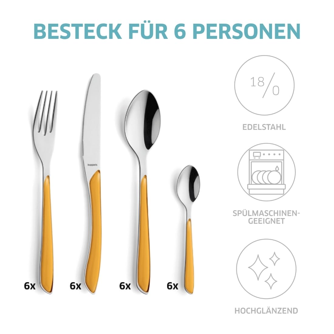 Kuppels Prisma Set di posate per 6 persone, in acciaio inox lucido, 24 pezzi, manici in plastica di alta qualità in curry, antiruggine, posate per 6 persone, lavabili in lavastoviglie