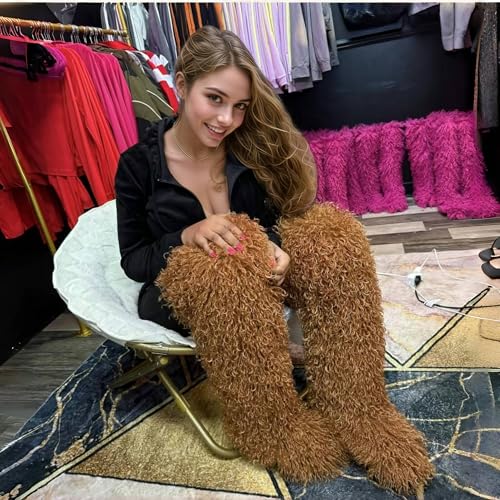 Image of Black Thigh High Fur Boots, Over the Knee Fluffy High Boots, Tall Furry shoes for Women