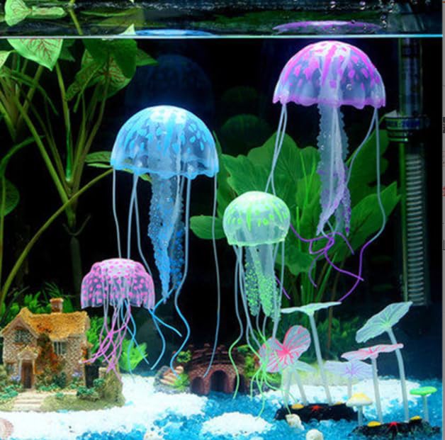 Image of Jufamilee 3 Pcs Fish Tank Decorations - Jellyfish Aquarium Ornament, Fake Fish Plants, Silicone Ornaments - Thematic Aquarium Decor (Pink, Blue, Yellow)