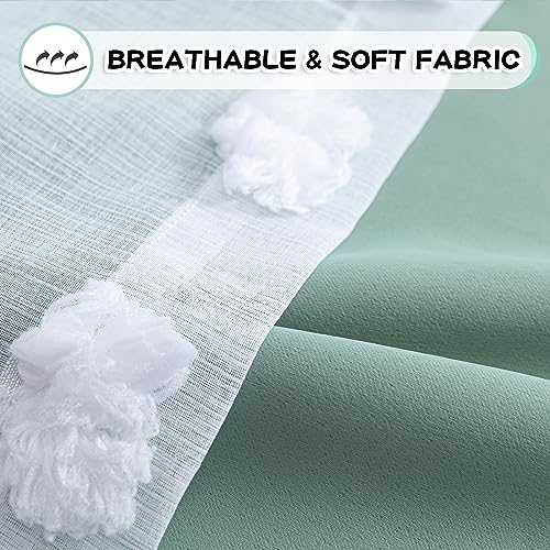 Image of MYSKY HOME Aqua Curtains for Kids Room Nursery Curtains 72 Inches Long for Girls Bedroom Double Layer Curtains White Pom Pom Sheer Curtains for Dining Room Grommet Room Darkening Panels W52 X L72
