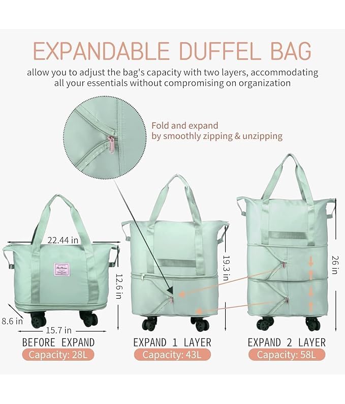 Image of TEKCOOL Duffel Trolley Bags for Travel,Luggage Bags for Travel,Rolling Duffle Bag with Wheels,Travel Bags for Luggage Trolley,Expandable Foldable Duffle Bag with Wheels - Green'