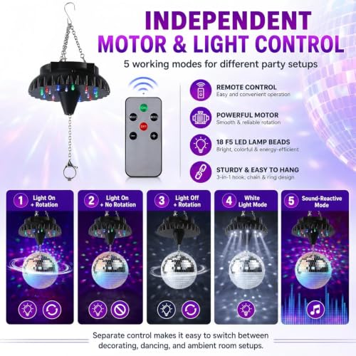 Image of Rechargeable Disco Ball Motor Light: 4000 mAh Battery Disco Ball Spinner | Rotating Mirror Ball Motor Fits 4-10 Inch Mirror Balls - 18 RGBW LEDs 0 /5 /10 /15 RPM 5 Modes for Party Wedding Ceiling Decor