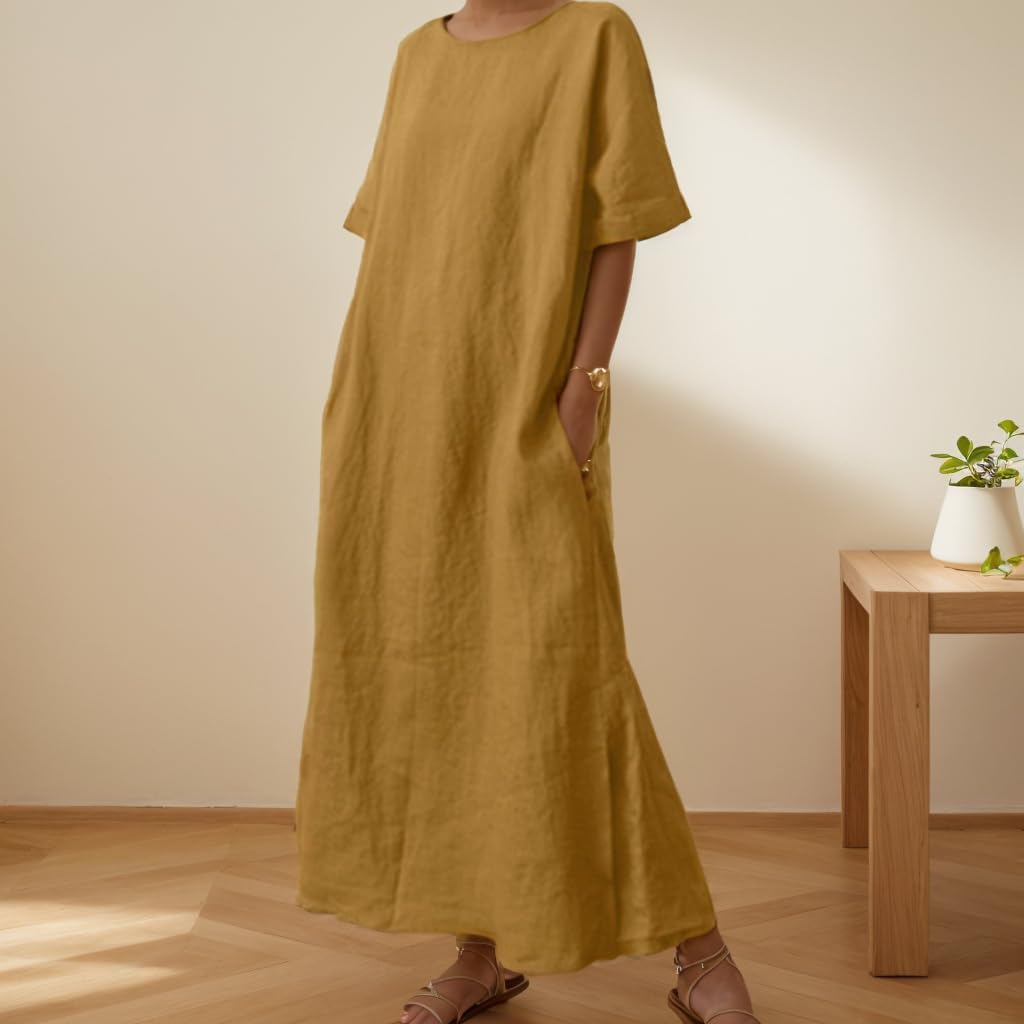 Akivide Women's Cotton Linen Dresses Flowy Short Sleeve Crew Neck Plus Size Vacation Casual Maxi Dress with Pockets - Image 2