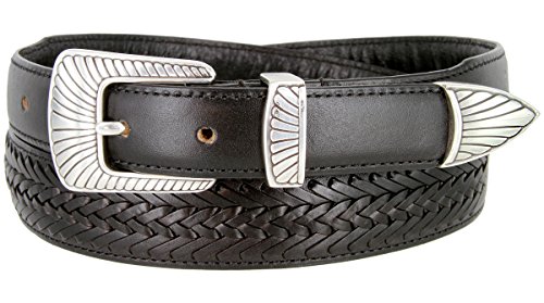 BL032 Clamshell Buckle Tapered Basketweave Genuine Leather Belt - Black, 36