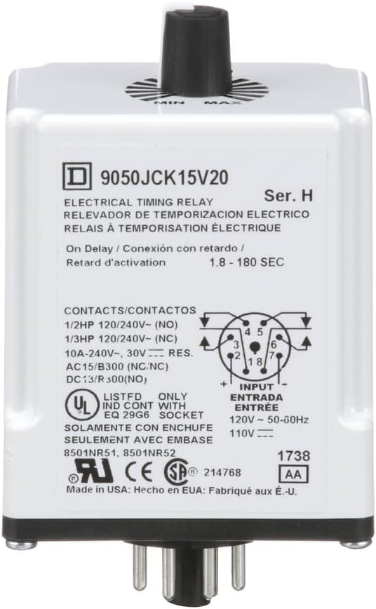 Schneider Electric Square D Timer Relay, Type JCK, Plug in, On Delay, Adjustable Time, 1.8 to 180 Seconds, 10A, 240 VAC, 120 VAC/110 VDC