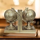 Bellaa 25693 Golden Globe Bookends Decorative Tellurion Antiques Unique Old World Map Rustic Nonskid Book Ends Desk Bookshelf Shelves Stoppers Holder Farmhouse Boho Decor Retro Vintage