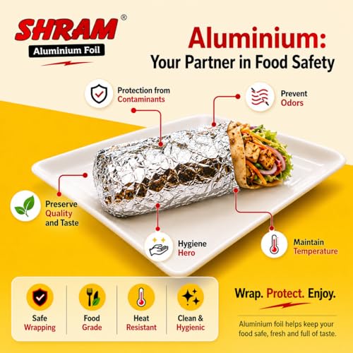 Image of SHRAM Aluminium Foil 9 Meter + 2 Meter Free | 11 Micron Food Grade Kitchen Foil Roll | Safe Paper Zigzag Cutter | Multipurpose Foil for Home, Hotel & Restaurant Use | Baking, Grilling & Food Wrapping