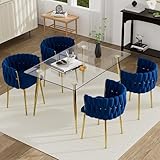 HAIZAO 5 Piece Modern Gold Dining Room Set, 51'' Luxury Minimalist Kitchen Table Set, 4 Person Clear Glass Top Rectangle Dinner Room Set, Navy Blue Woven Dining Chair for Home Living Room Small Place