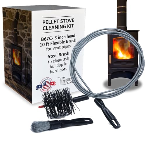 Pellet Stove & Dryer Vent Cleaner Kit – 3 inch Head and 10 ft Long Steel Flexible Brush for Fireplace Chimney, Ash, Lint & Soot Buildup Removal - Pellet Stove Cleaning Kit by FryOilSaver B67C