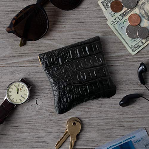 Image of Nabob Leather Genuine Leather Squeeze Coin Purse, Coin Pouch Made IN U.S.A. Change Holder For Men /Woman Size 3.5 X 3.5 (Black Croc)